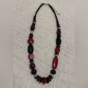 **Chico's Chunky Red Black Beaded Statement Necklace Silver Accents Boho**